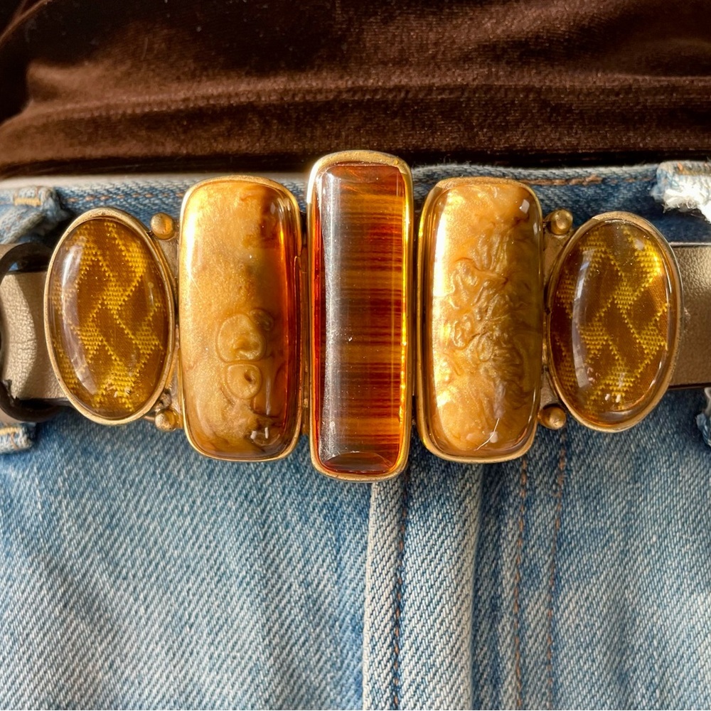 Vintage Chico’s Genuine Split Leather Belt + Gold Tone Stone Embellished Buckle
